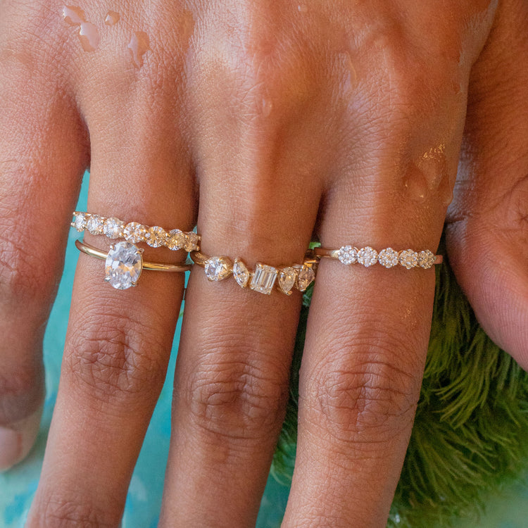 Model wearing Lucky Seven Lab-Created Diamond Band with solid gold Stone and Strand jewelry