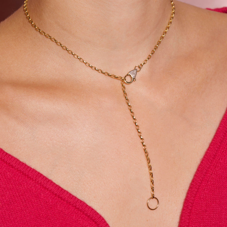 Image of 14K Yellow Gold Luxe Diamond Chain Lariat Necklace on Models Neck