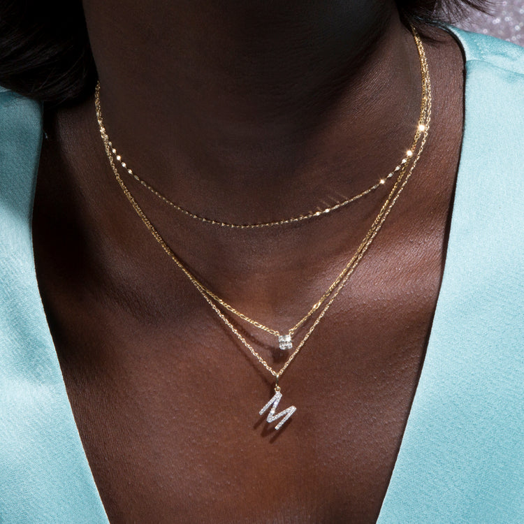 Image of 10K Yellow Gold Large Pave Diamond Initial Charm Necklace with Stone and Strand Necklaces
