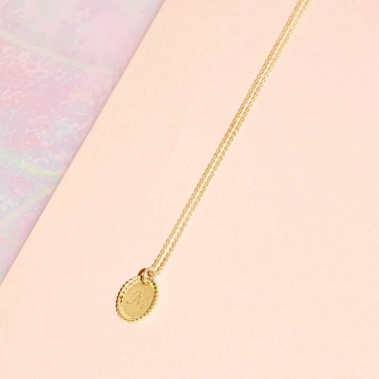 Stone and Strand 10K Yellow Gold Make It Yours Mini Medallion Necklace Editorial Engraved Image