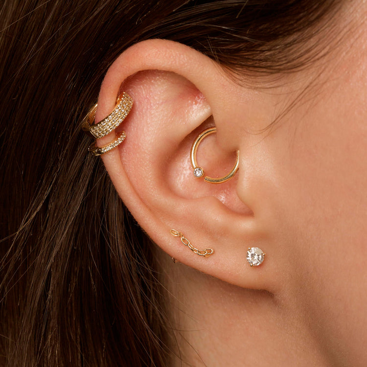 Image of 10K Yellow Gold Medium Diamond Stud with Stone and Strand Earrings