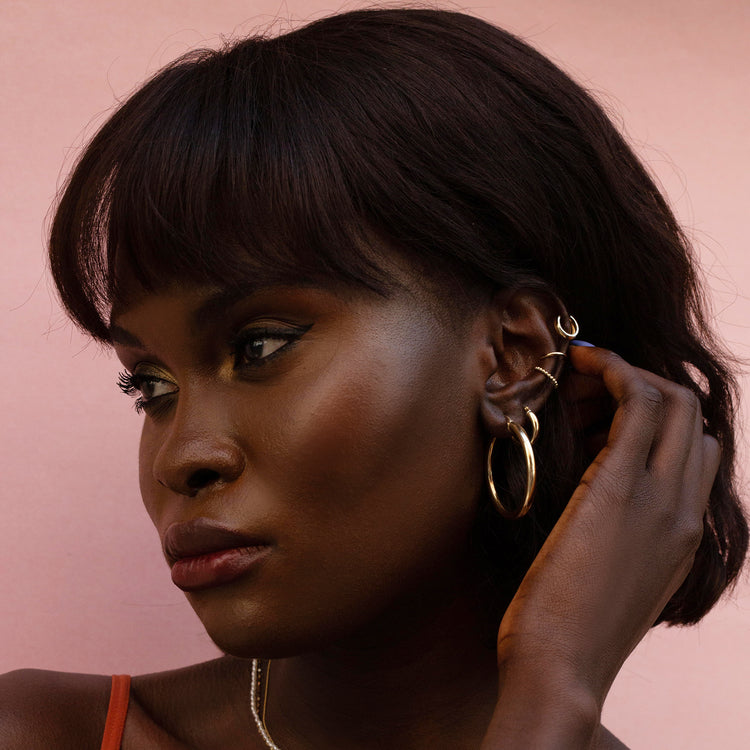 Image of 14K Yellow Gold Medium Hollow Hoop Earrings with Stone and Strand Earrings