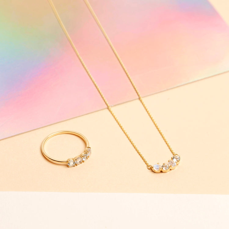 Still life image of Moonstone Aquamarine Mama Necklace with Stone and Strand solid gold jewelry