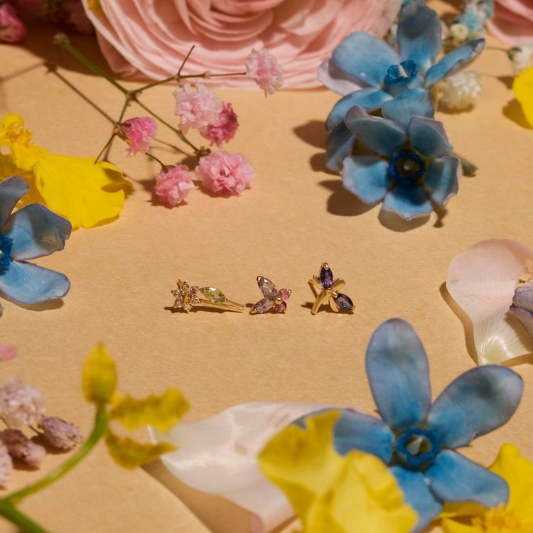 Still life image of Small Pastel Butterfly Studs with Stone and Strand solid gold jewelry