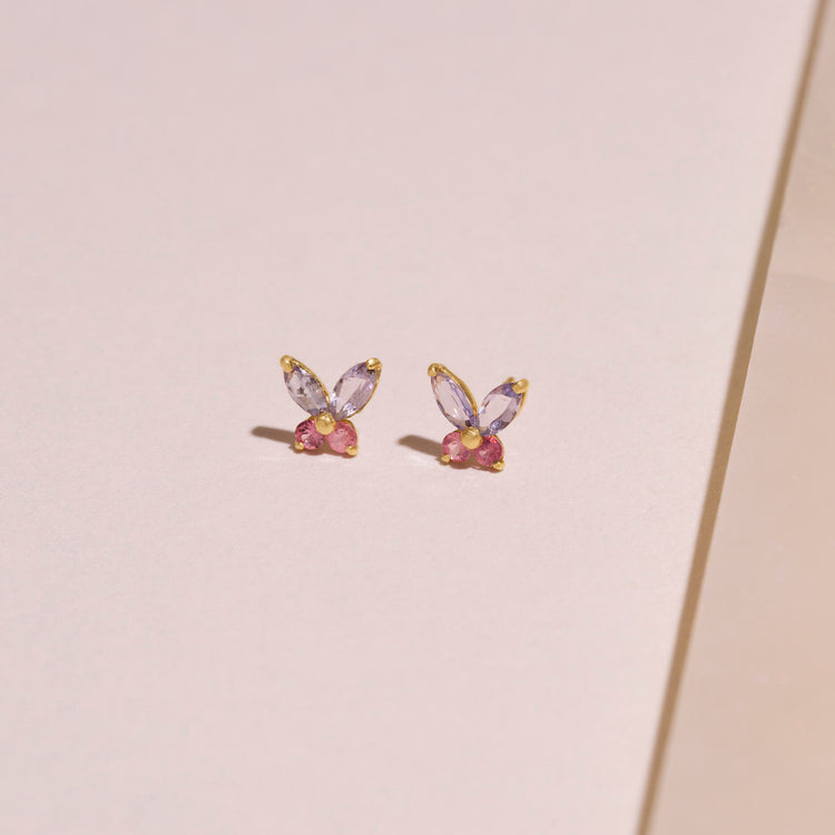 Stone and Strand 10K Yellow Gold Small Pastel Butterfly Gemstone Studs Editorial Image