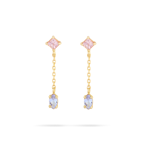 Stone and Strand 10K Yellow Gold Pastel Pink Sapphire and Tanzanite Drop Earrings Front Image