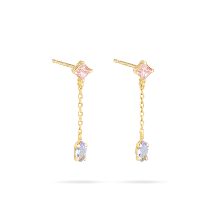 Stone and Strand 10K Yellow Gold Pastel Pink Sapphire and Tanzanite Drop Earrings Side Image