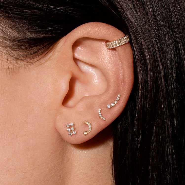 Image of 10K Yellow Gold Pave Diamond Curve Studs with Stone and Strand Earrings