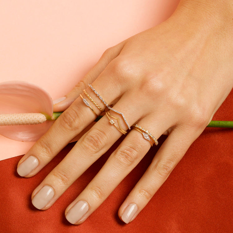 Image of 10K Yellow Gold Pave Diamond V Band with Stone and Strand Rings