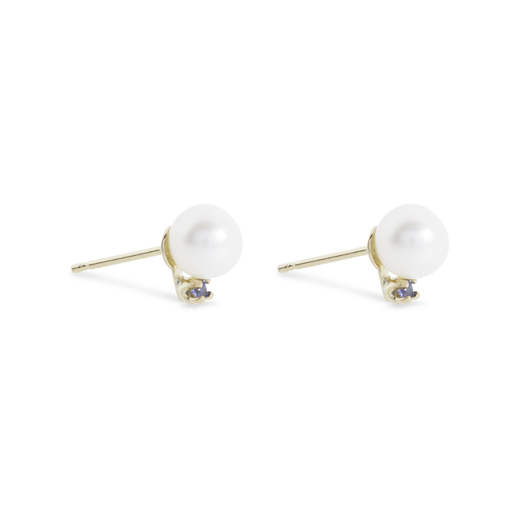 Stone and Strand 14K Yellow Gold Small Pearl and Sapphire Stud Earrings Side Image