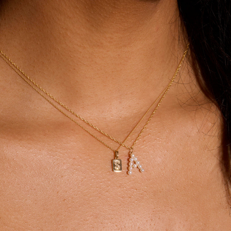 Image of 10K Yellow Gold Pearly Initial Necklace with Stone and Strand Necklaces