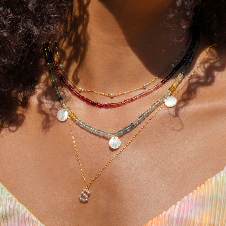 Image of 10K Yellow Gold Pearly Initial Necklace with Stone and Strand Necklaces
