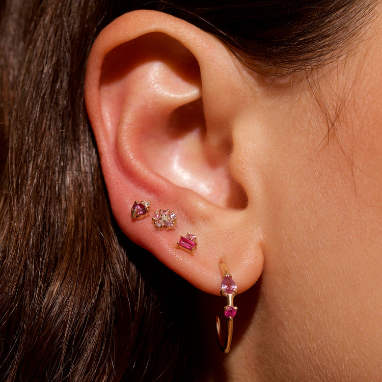 Image of 10K Yellow Gold Pink Power Stud with Stone and Strand Earrings