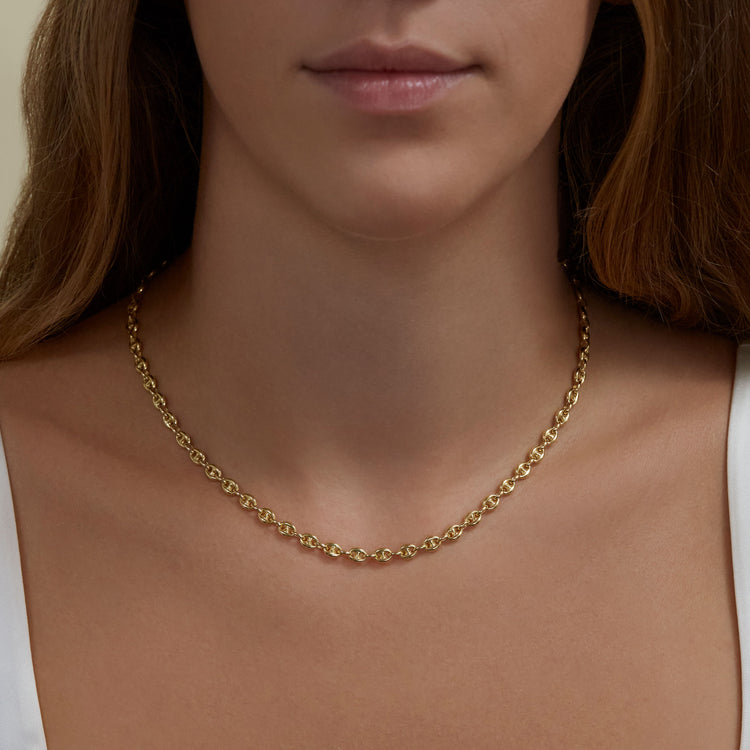 Image of 10K Yellow Gold Tiny Puffed Maritime Necklace on Models Neck