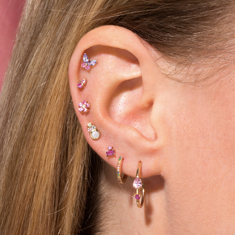 Image of 10K Yellow Gold Pink Power Hoops with Stone and Strand Earrings