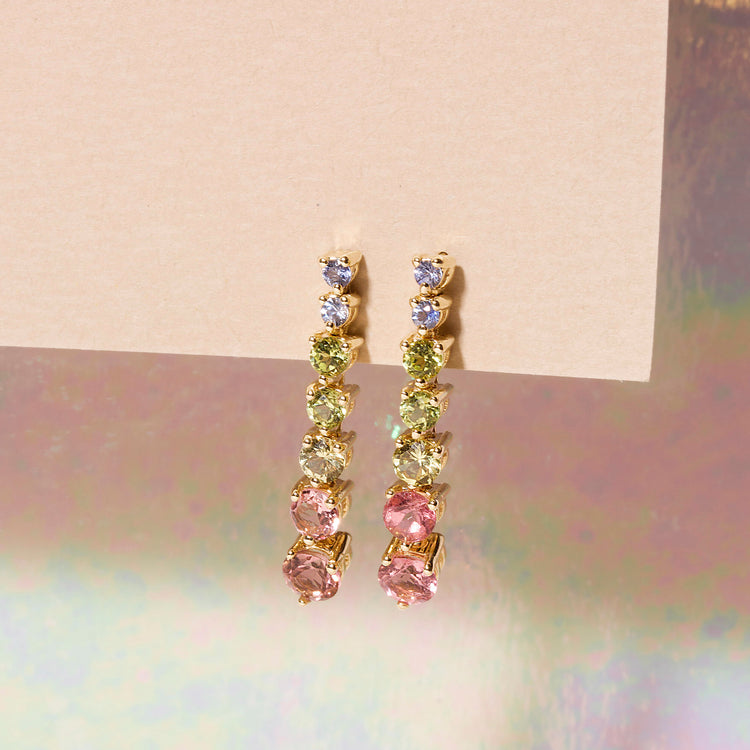 Stone and Strand 10K Yellow Gold Rainbow Bright Gemstone Drop Earrings Editorial Image