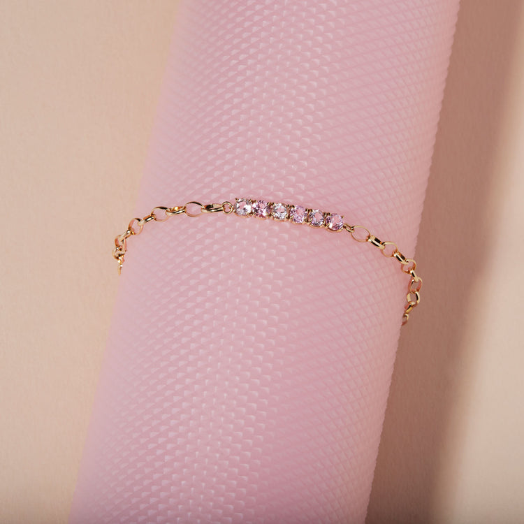 Stone and Strand 14K Yellow Gold Raise The Bar Blush Pink Gemstones Bracelet Editorial Image