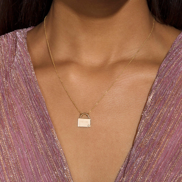 Image of 10K Yellow Gold Save the Date Necklace on Models Neck
