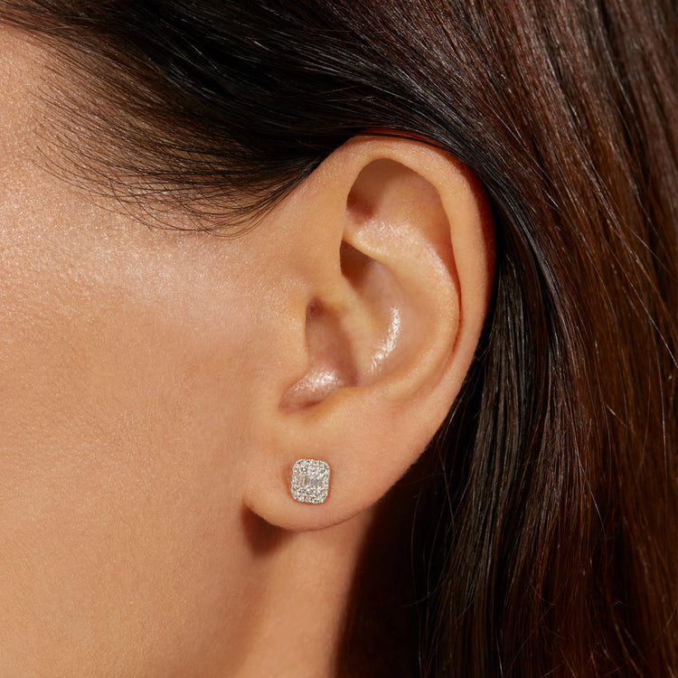 Image of 10K Yellow Gold Deluxe Shield of Strength Diamond Studs on Models Ear