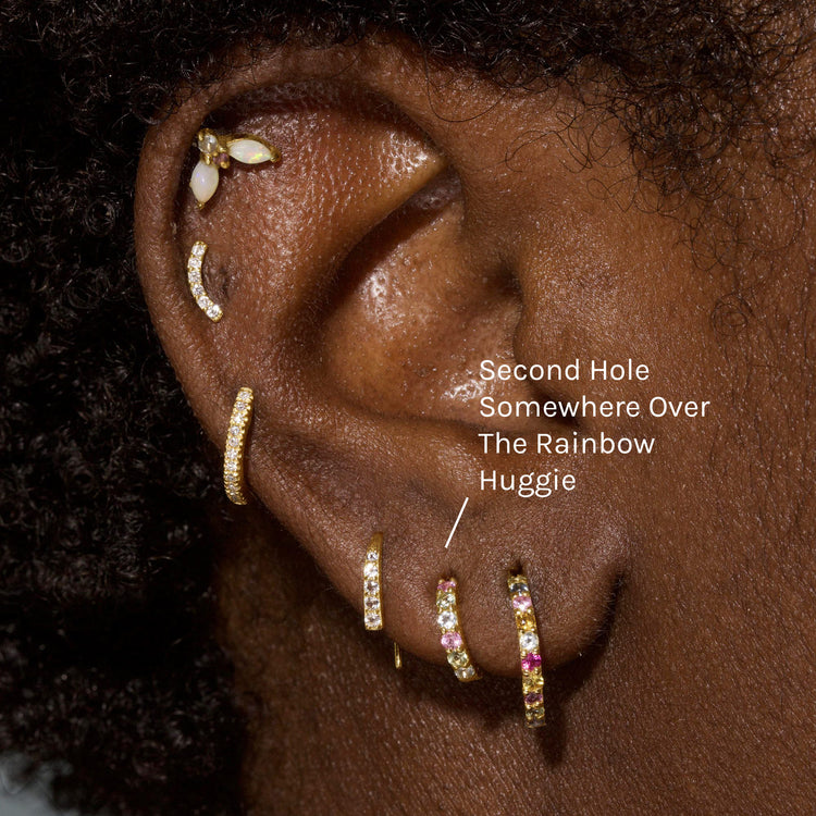 Image of 14K Yellow Gold Somewhere Over The Rainbow Huggie with Stone and Strand Earrings