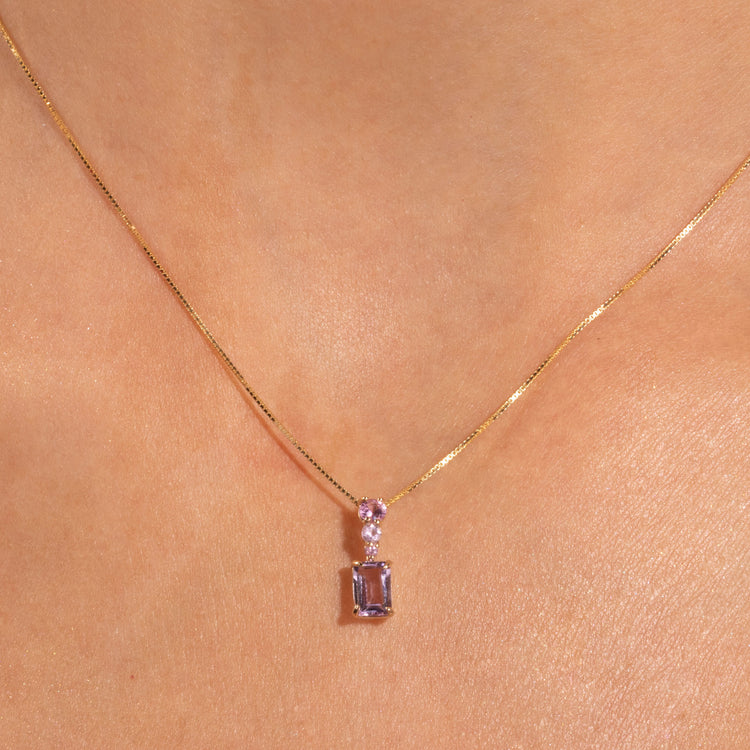 Image of 10K Yellow Gold Sugarplum Candyland Necklace with Pink Amethyst and Pink Sapphire on Models Neck
