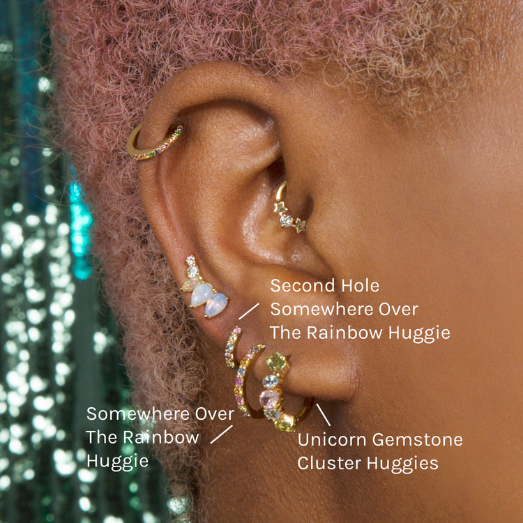 Image of 14K Yellow Gold Somewhere Over The Rainbow Huggie with Stone and Strand Earrings