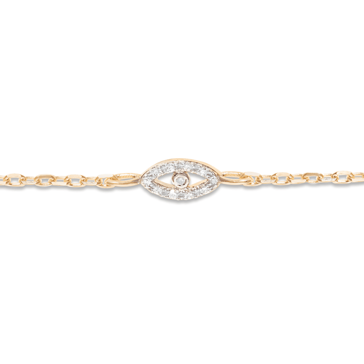 Stone and Strand 10K Yellow Gold Teeny Diamond Evil Eye Bracelet Close Up Image