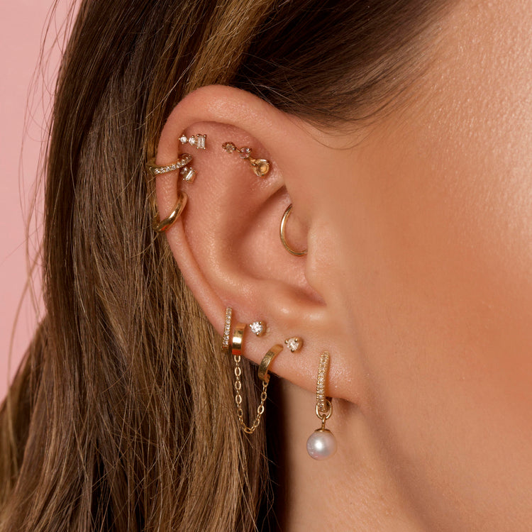 Image of 10K Yellow Gold Teeny Tiny Double Huggie with Stone and Strand Earrings