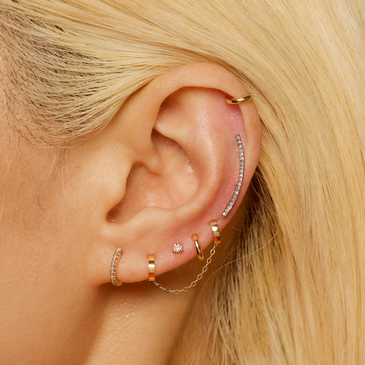 Image of 10K Yellow Gold Teeny Tiny Double Huggie with Stone and Strand Earrings