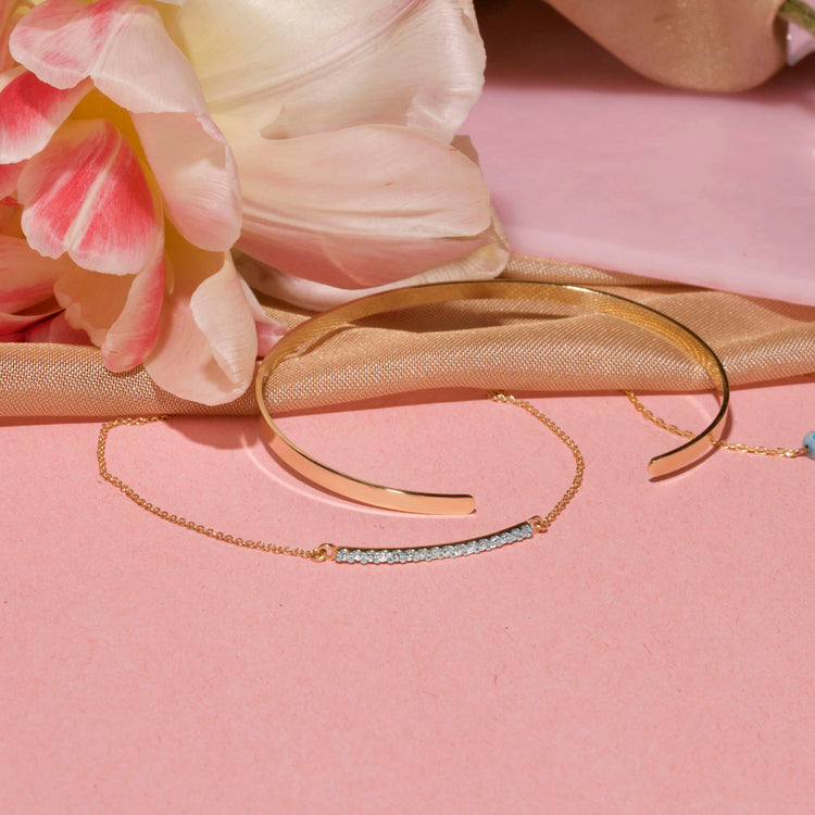 Still life image of Teeny Pave Diamond Bar Bracelet with Stone and Strand solid gold jewelry