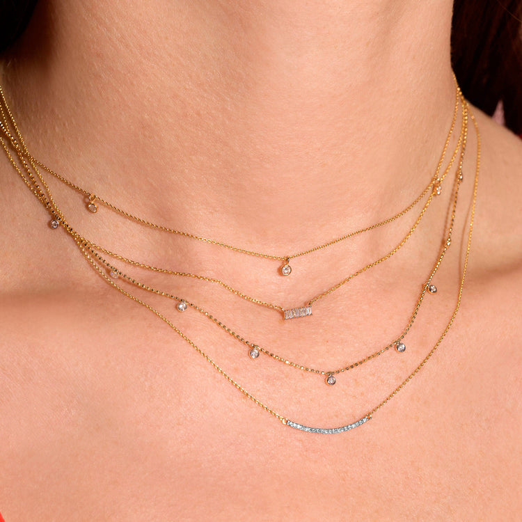 Image of 10K Yellow Gold Tiny Pave Diamond Curve Bar Necklace with Stone and Strand Necklaces