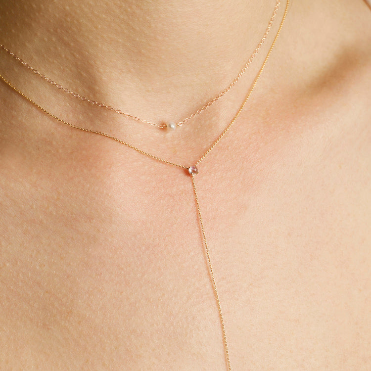 Image of 14K Yellow Gold Tiny Solitaire Pearl Necklace with Stone and Strand Necklaces