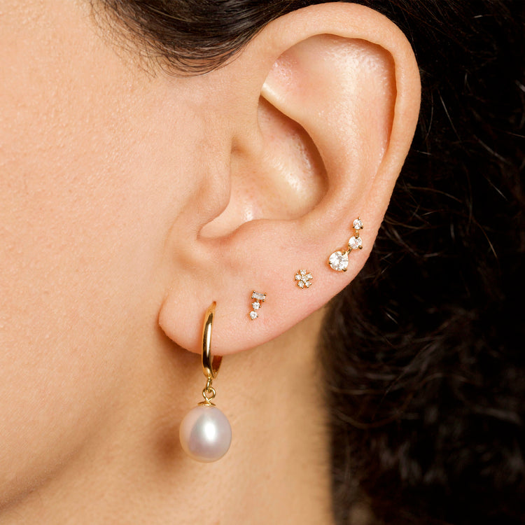 Image of 14K Yellow Gold Tiny Triple Stacked Diamond Studs with Stone and Strand Earrings
