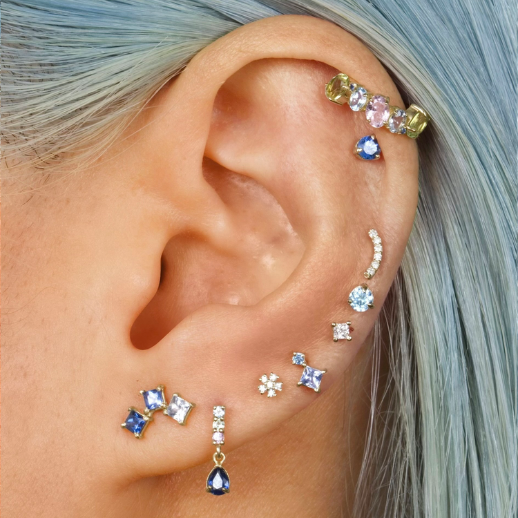 Image of 10K Yellow Gold True Blue Sapphire Climbers with Stone and Strand Earrings