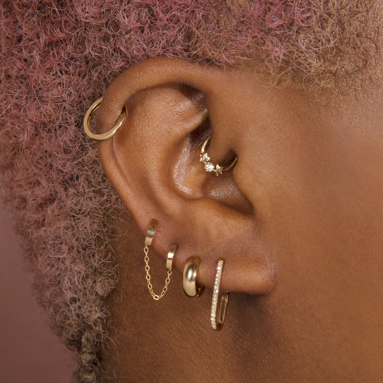 Image of 10K Yellow Gold Teeny Tiny Double Huggie with Stone and Strand Earrings