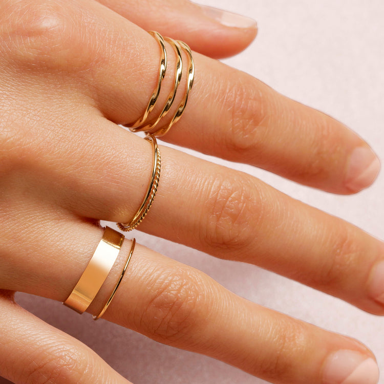 Image of 14K Yellow Gold Ultra Fine Gold Band with Stone and Strand Rings