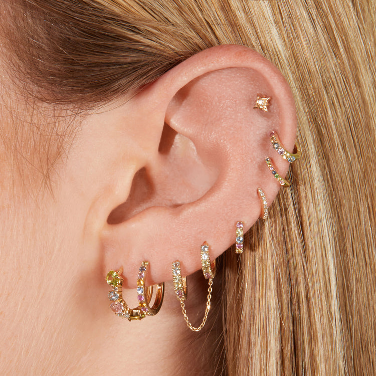 Image of 10K Yellow Gold Unicorn Double Huggie with Stone and Strand Earrings