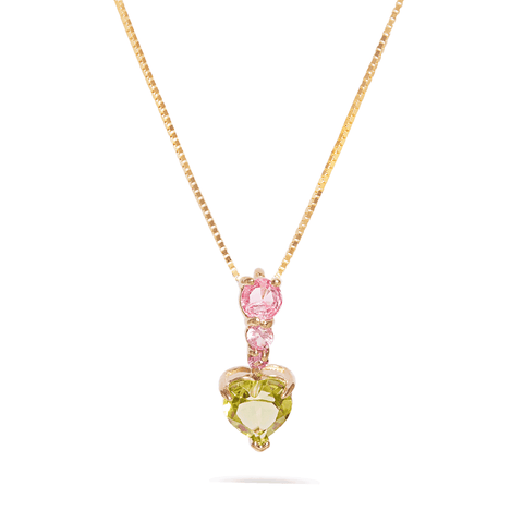 Stone and Strand 10K Yellow Gold Watermelon Candyland Pink Sapphire and Peridot Necklace Close Up Image