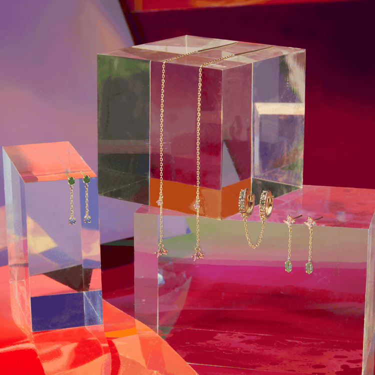 Still life image of Watermelon Drop Earrings with Stone and Strand solid gold jewelry