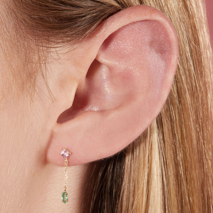 Image of 10K Yellow Gold Watermelon Drop Earrings with Pink Sapphire and Emerald on Models Ear