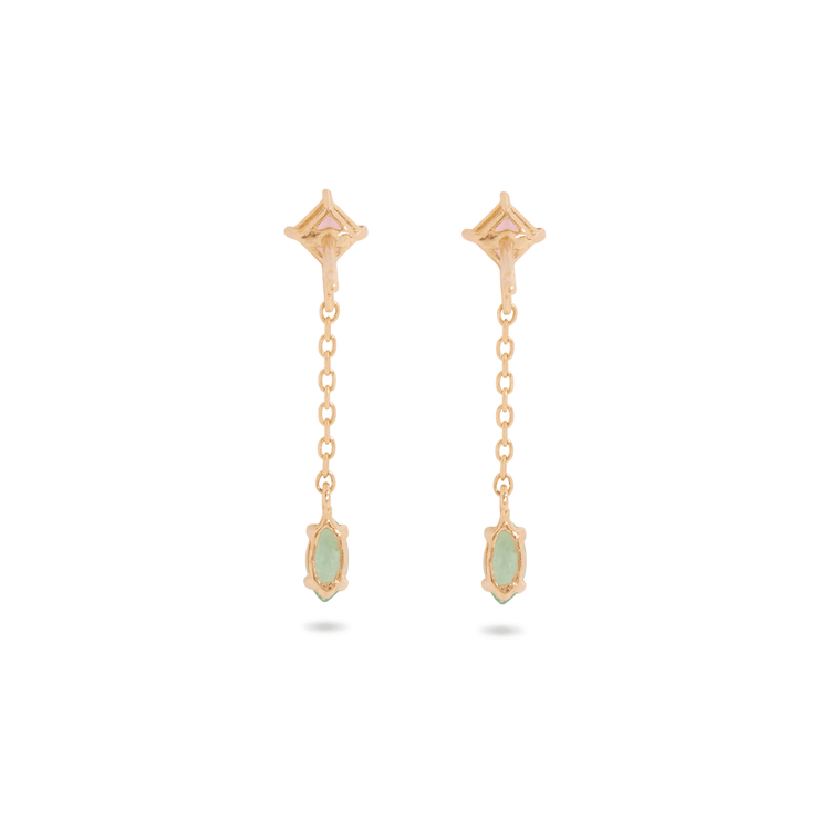 Stone and Strand 10K Yellow Gold Watermelon Pink Sapphire and Emerald Drop Earrings Rear Image