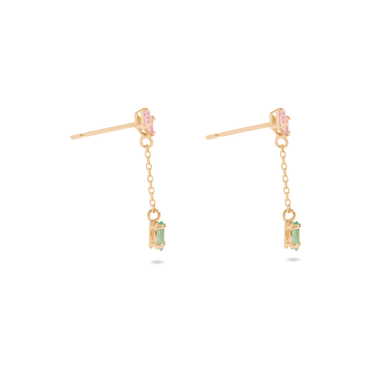 Stone and Strand 10K Yellow Gold Watermelon Pink Sapphire and Emerald Drop Earrings Side Image