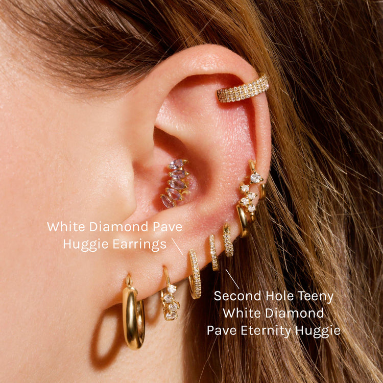 Image of 10K Yellow Gold Dainty White Diamond Pave Huggie Earrings with Stone and Strand Earrings