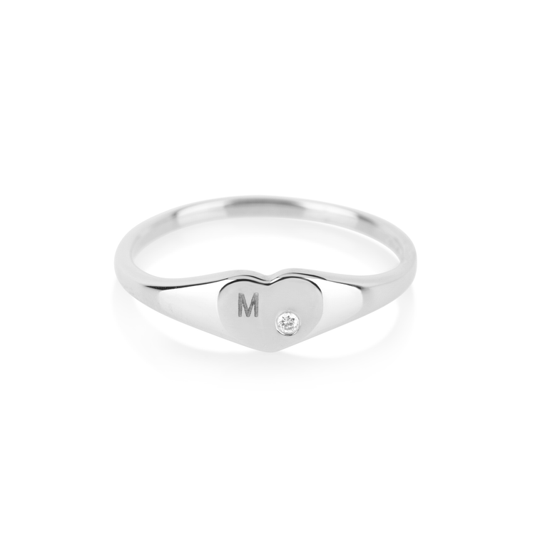 White Gold Heart Signet Ring With Diamond