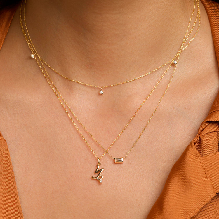 Image of 14K Yellow Gold Small Baguette Diamond Necklace with Stone and Strand Necklaces