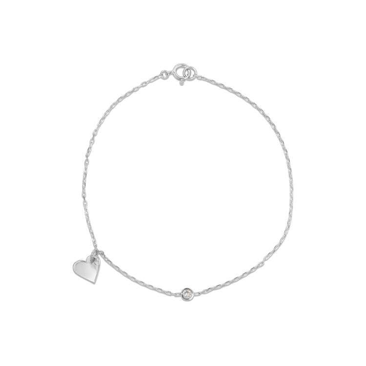 White Gold Tiny Diamond Heart Charm Bracelet