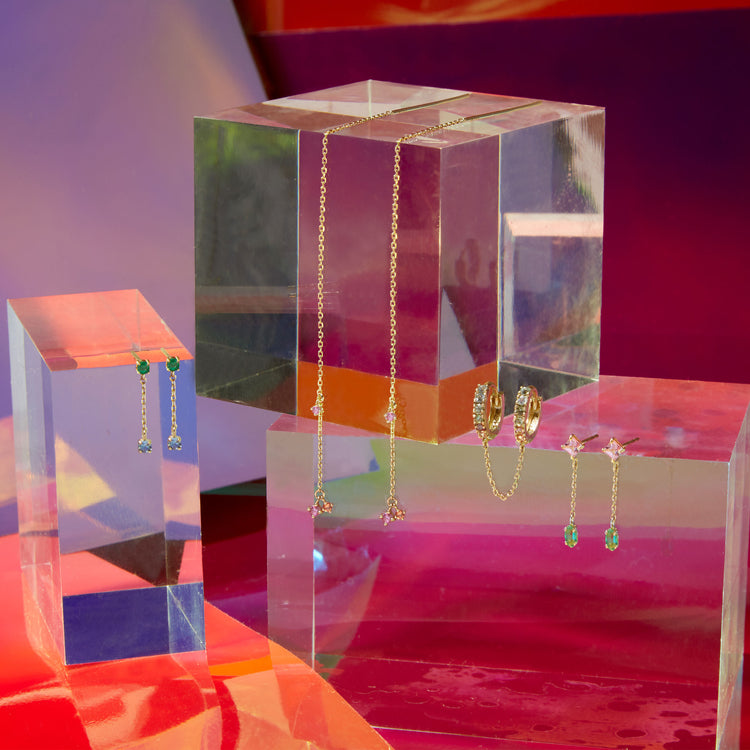 Still life image of Wild Blueberry Drop Earrings with Stone and Strand solid gold jewelry