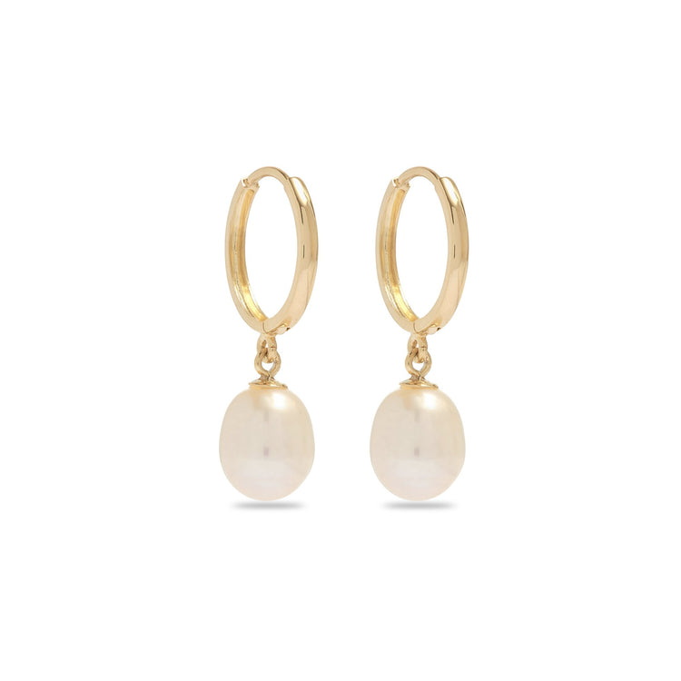 Stone and Strand 14K Yellow Gold Elliptical Pearl Huggies Side Image