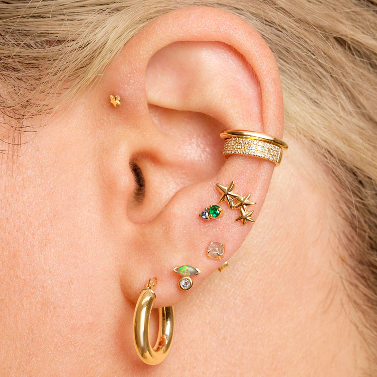 Image of 10K Yellow Gold Emerald and Sapphire Buddy Stud with Stone and Strand Earrings