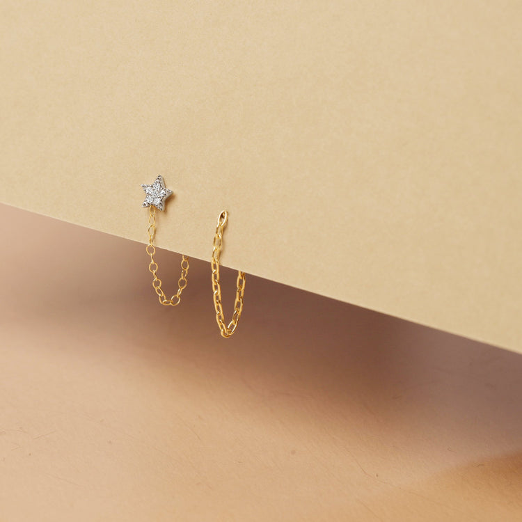 Still life image of Gold Front To Back Chain Earring with Stone and Strand solid gold jewelry